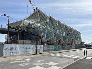 Station aérienne Moulon Campus en construction sur le viaduc de la ligne 18, en juin 2024.