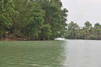 Water surface between two islands