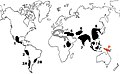 Image 26Centres of origin identified by Nikolai Vavilov in the 1930s. Area 3 (grey) is no longer recognised as a centre of origin, and Papua New Guinea (red, 'P') was identified more recently. (from History of agriculture)