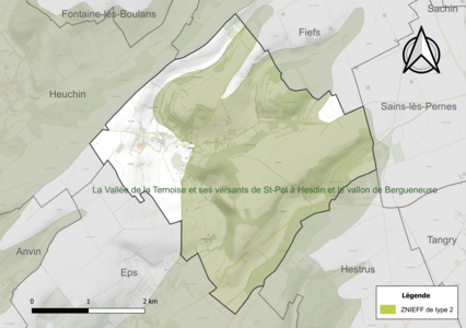 Carte de la ZNIEFF de type 2 sur la commune.