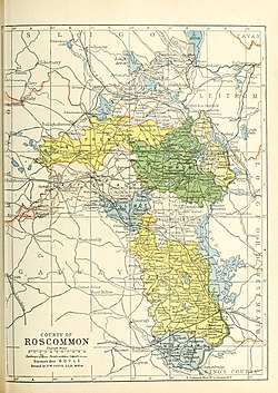 Barony map of County Roscommon, 1900; Frenchpark is coloured yellow, in the northwest.