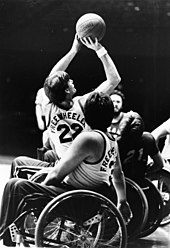 Wheelchair basketball player takes a shot