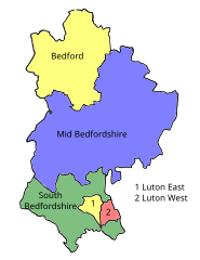 Map of parliamentary constituencies in Bedfordshire 1974–1983