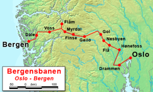 ベルゲン線とフロム線の鉄道路線図