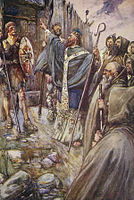 An early 20th-century depiction of Saint Columba's miracle at the gate of King Bridei's fortress, described in Adomnán's late 7th-century Vita Columbae