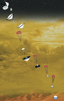 Illustration of a spacecraft descending through Venus' atmosphere