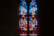 Stained glass window with commemorative art of the Diamond Jubilees of Queens Victoria and Elizabeth II