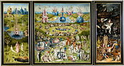 耶羅尼米斯·波希的《人間樂園》，中幅220 × 195cm，左右兩幅各220 × 97cm，約繪於1510年，1939年始藏，來自腓力二世的收藏[23]