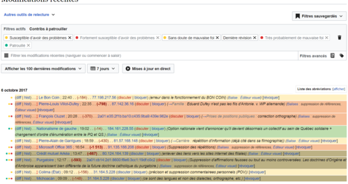 Exemple de filtre pour les modifications récentes. Image destinée à illustrer un message sur le bulletin des patrouilleurs de la Wikipédia francophone.
