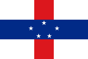 Five-star flag of the Netherlands Antilles (since 1986 until dissolution). Because Aruba separated from the Netherlands Antilles, only five stars are left on the flag.