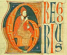Illuminated manuscript of Pope Gregory IX, in a red robe on a throne