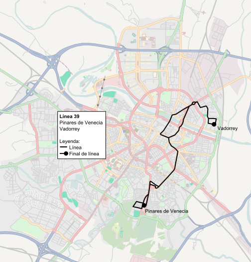 Recorrido de la línea 39 de TUZSA en la ciudad de Zaragoza.