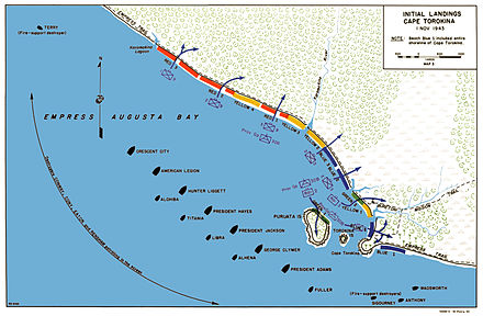 Map depicting a coastline, ships and landing beaches