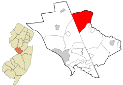 Location of Princeton Township and Borough in Mercer County highlighted in red (right). Inset map: Location of Mercer County in New Jersey highlighted in orange (left).