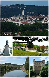 Top: Panorama view of Saint-Front Cathedral in Trélissac Hills, Middle left: Statue of Thomas-Robert Bugeaud in Bugeaud Square, Middle right: Barbadeau Castle (Le château de Barbadeau), Bottom left: Isle River and Saint Georges Bridge (Pont Saint Georges), Bottom right: The tower of Vésone (La tour de Vésone)