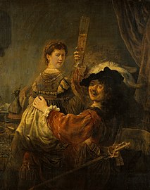The Prodigal Son in the Tavern by Rembrandt van Rijn portrays two people identified as Rembrandt and his wife Saskia (c. 1635)