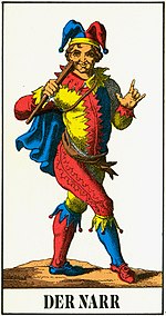 The Fool, the highest trump or excuse in a German captioned Swiss Tarot pack