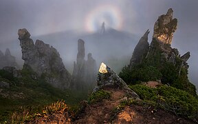 Spectre de Brocken avec gloire (phénomène optique) au mont Шпиці (uk) dans le parc national.