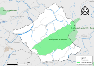 Carte de la ZNIEFF de type 1 de la commune.