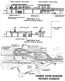 Layout and two sections of an elevated light rail terminal. There is a peanut-shaped loop for trains. The right half of the loop is a wide deck that includes a busway, with a ramp from ground level.