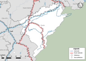 Carte du réseau routier national (autoroutes et routes nationales) dans le département du Doubs