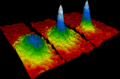 Image 37The first Bose–Einstein condensate observed in a gas of ultracold rubidium atoms. The blue and white areas represent higher density. (from Condensed matter physics)