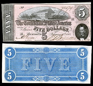 Five Confederate States dollar (T69), by Keatinge & Ball
