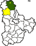 Locator map showing Ivankiv Raion (yellow) before 1988. The former Chernobyl Raion is shown in green, and the yellow dot represents the city of Pripyat, autonomous since 1980