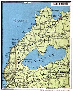 Karta från 1928 av trakten runt Omberg och Tåkern.