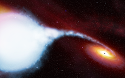 백조자리 X-1 쌍성계의 상상화. 동반성 HDE 226868의 물질이 블랙홀로 빨려들어가고 있다.