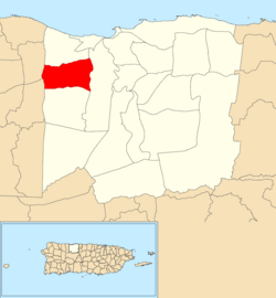 Location of Hato Arriba within the municipality of Arecibo shown in red