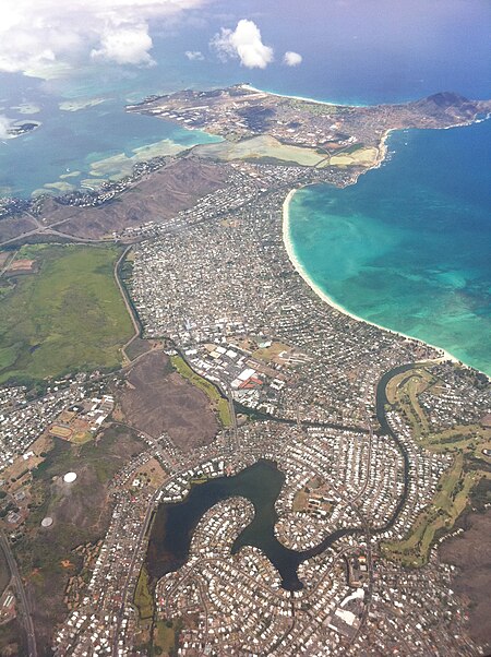 Ka'elepulu Canal running from bottom-left to the sea at top-right