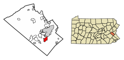 Location of Emmaus in Lehigh County, Pennsylvania (left) and of Lehigh County in Pennsylvania (right)