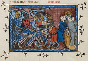 Miniature représentant Louis IX soutenu par un personnage tandis qu'en arrière plan des chevaliers aux armes de France affrontent des ennemis.