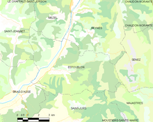 Carte élémentaire montrant les limites de la commune, les communes voisines, les zones de végétation et les routes