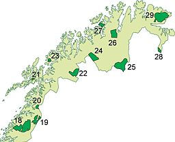 Karta över nationalparker i Nordnorge. Øvre Dividal nationalpark har nummer 22.