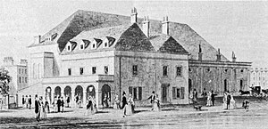drawing of exterior of Victorian theatre