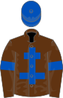 Brown, royal blue cross of lorraine, royal blue armlet, royal blue cap