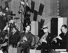 Ray Bauduc, Herschel Evans, Bob Haggard, Eddie Miller, Lester Young, Matty Matlock, Howard Theatre, Washington D.C., ca. 1941.