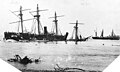 Wrecked vessels at Apia Harbour, Upolu, Samoa, during salvage efforts soon after the storm. The view looks about northward, with USS Trenton and the sunken USS Vandalia to the left and the beached German corvette Olga at right. The wreckage just off Trenton's stern may be from the German gunboat Eber, which was destroyed when she struck the harbor reef during the hurricane.