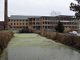 Stanley Woolen Mill, Nov. 11, 2009, Uxbridge, MA, with view of the Blackstone Canal