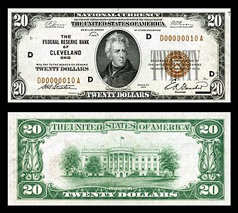 Twenty-dollar small-size banknote of the Federal Reserve Bank Notes, by the Bureau of Engraving and Printing