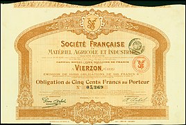 Obligation de la Société Française de Matériel Agricole et Industriel, en date du 31 mars 1918.