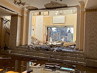 The foyer of the concert hall ‘Officers' house’ after the explosions, littered with pieces of cladding