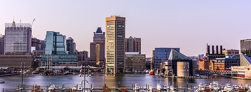 A panoramic view of the Baltimore Inner Harbor