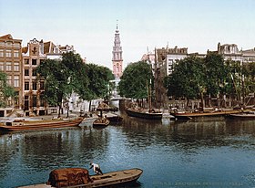 Groenburgwal, as seen from Amstel river, with the Zuiderkerkstoren in the background; around 1900.