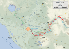 Plan du Latium antique avec l'Aqua Claudia en rouge.