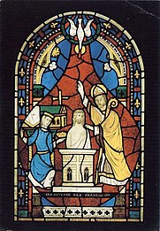 Vitrail médiéval français représentant le baptême de Clovis.