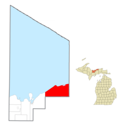 Location within Alger County (red) and the administered CDP of Grand Marais (pink)