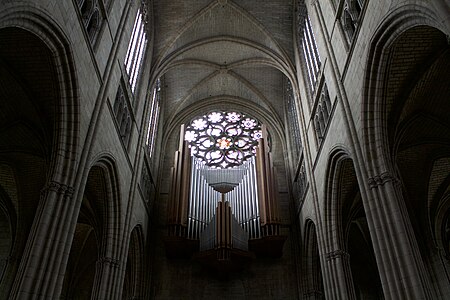 The nave looking toward the rose window and organ